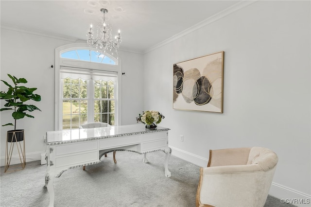 carpeted home office featuring a notable chandelier and crown molding