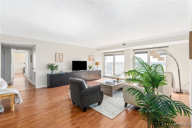 living room with crown molding, a textured ceiling, and light wood-type flooring