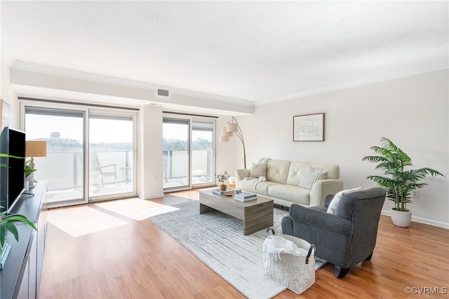 living room featuring crown molding, light hardwood / wood-style floors, and a textured ceiling