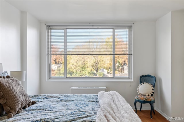 bedroom with multiple windows, hardwood / wood-style floors, and radiator