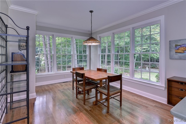 dining room with wood-type flooring, plenty of natural light, and crown molding