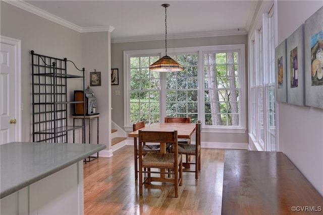 dining room featuring light hardwood / wood-style flooring, plenty of natural light, and crown molding