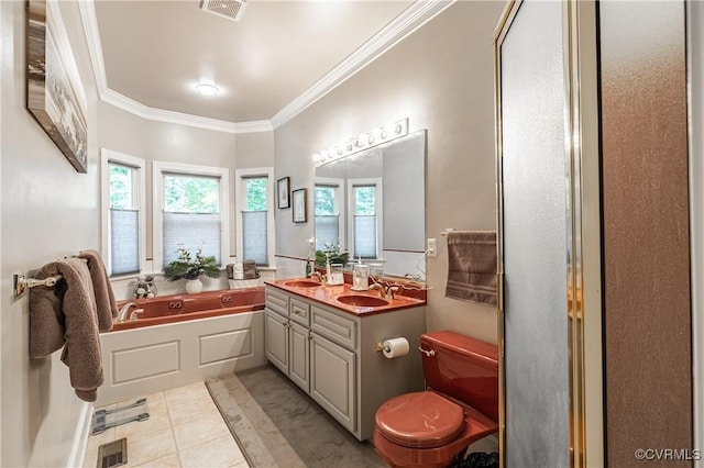 bathroom with toilet, ornamental molding, vanity, a bath, and tile patterned flooring