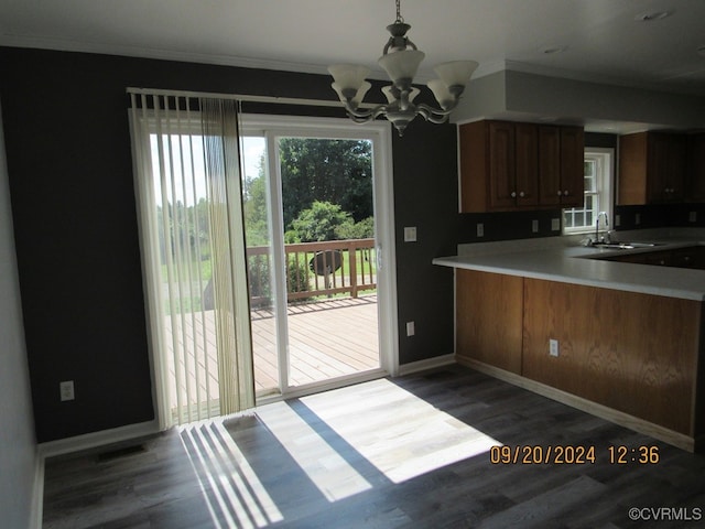 kitchen featuring dark hardwood / wood-style flooring, decorative light fixtures, ornamental molding, sink, and a notable chandelier