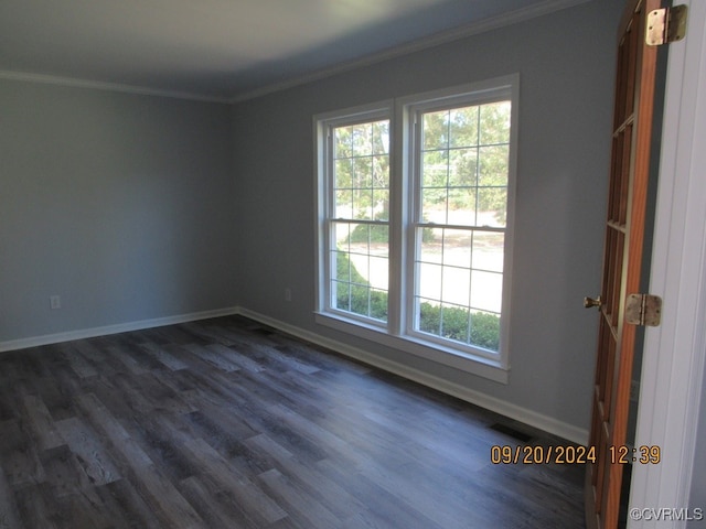 spare room featuring crown molding and dark hardwood / wood-style floors