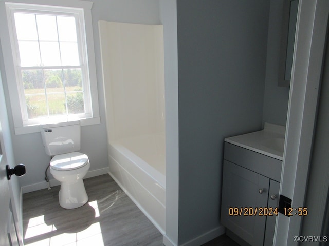 bathroom featuring wood-type flooring, vanity, and toilet