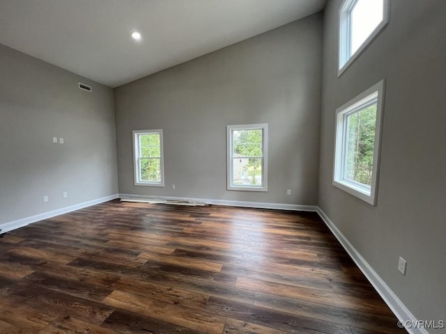 spare room with high vaulted ceiling and dark hardwood / wood-style floors