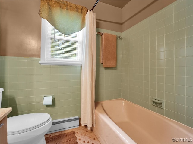 full bathroom with vanity, tile walls, shower / bathtub combination with curtain, a baseboard radiator, and toilet