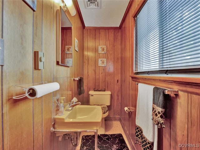 bathroom featuring sink, wood walls, and toilet