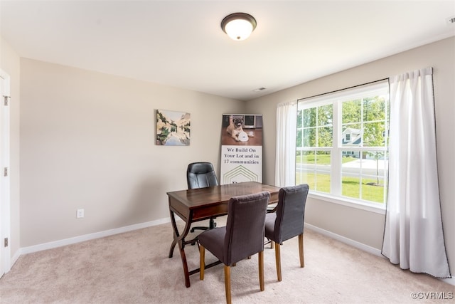 dining room featuring light carpet