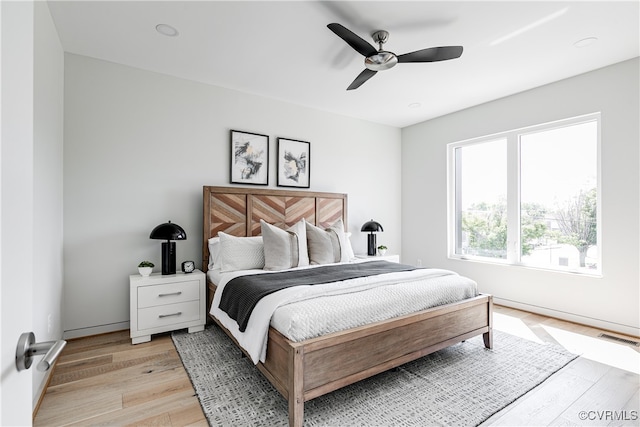 bedroom featuring light hardwood / wood-style floors and ceiling fan