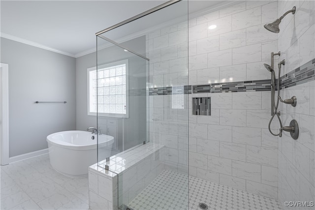 bathroom with independent shower and bath and crown molding