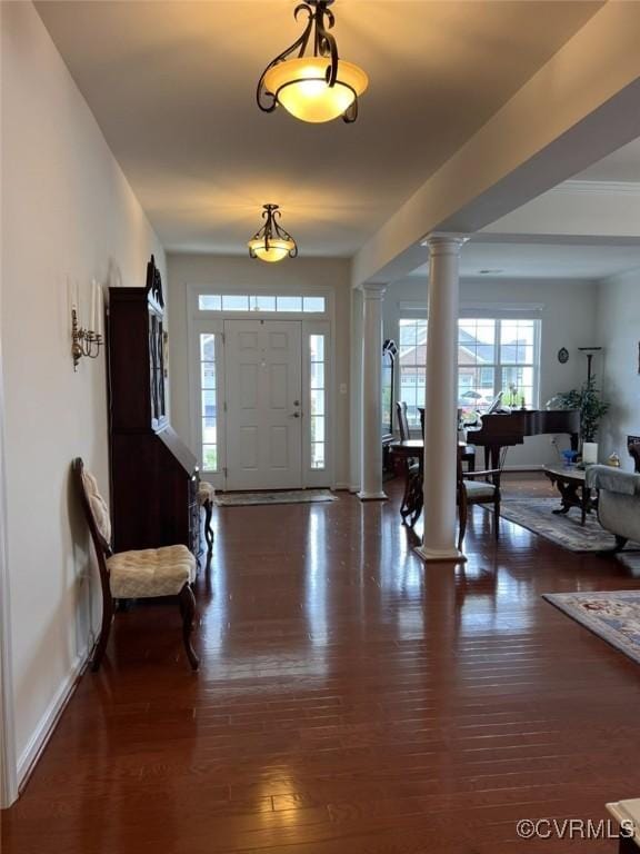 8232 E Lord Botetourt Loop, New Kent, VA 23124 - entrance foyer with wood finished floors and ornate columns