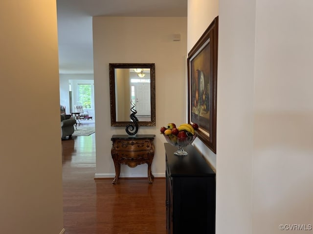 corridor featuring dark wood-type flooring