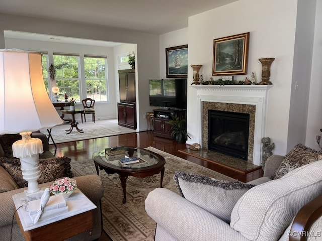 living room with wood-type flooring and a high end fireplace