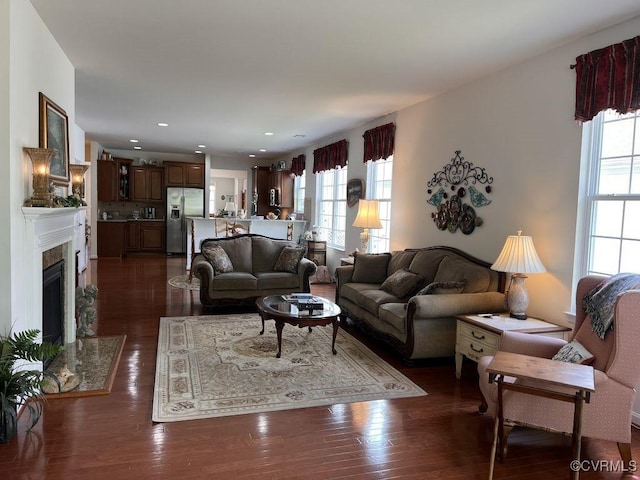 8232 E Lord Botetourt Loop, New Kent, VA 23124 - living area featuring a fireplace, dark wood-style flooring, and plenty of natural light