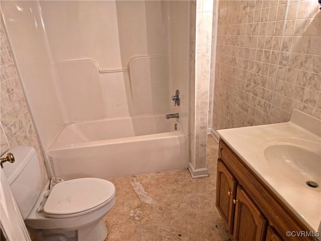 full bathroom featuring bathtub / shower combination, tile walls, vanity, and toilet