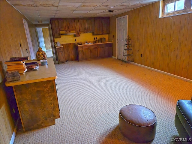 interior space featuring exhaust hood, a paneled ceiling, wooden walls, sink, and light colored carpet