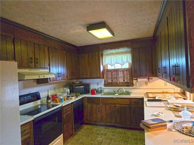 kitchen with a textured ceiling, black appliances, and dark brown cabinets