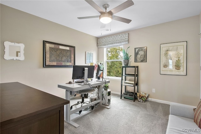 office area featuring ceiling fan and carpet floors