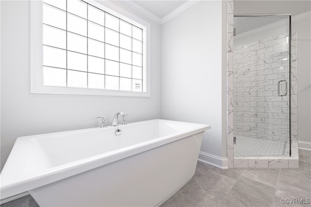 bathroom featuring ornamental molding, independent shower and bath, plenty of natural light, and tile patterned floors