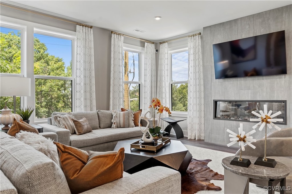 living room featuring hardwood / wood-style floors and a fireplace