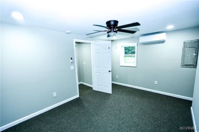 carpeted spare room with electric panel, an AC wall unit, and ceiling fan