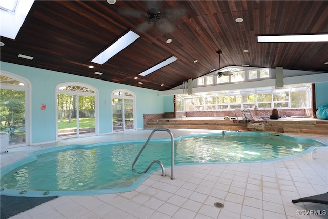 view of swimming pool with ceiling fan and a skylight