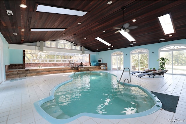 view of pool featuring a skylight and a hot tub