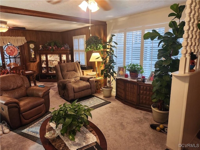 carpeted living room featuring ceiling fan, ornamental molding, and wood walls