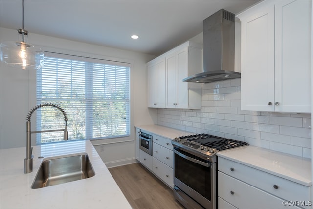 kitchen with a healthy amount of sunlight, wall chimney range hood, sink, and appliances with stainless steel finishes