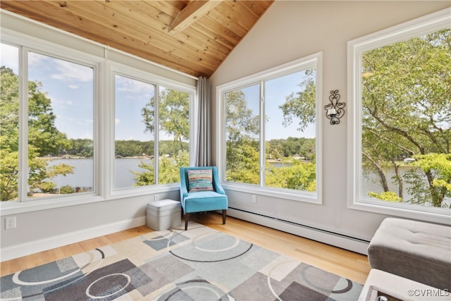 sunroom / solarium with lofted ceiling with beams, wooden ceiling, baseboard heating, and plenty of natural light