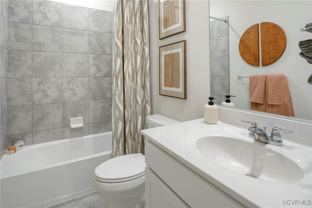 full bathroom with toilet, vanity, and shower / bathtub combination with curtain