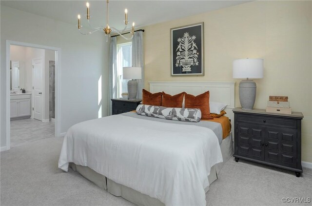 15436 Greenhart Dr, Chesterfield, VA 23832 - bedroom with a chandelier, carpet, baseboards, and connected bathroom