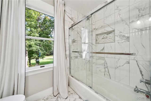 bathroom with shower / bath combo with shower curtain, toilet, and plenty of natural light