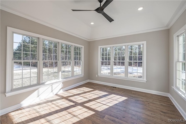 unfurnished sunroom with vaulted ceiling and ceiling fan