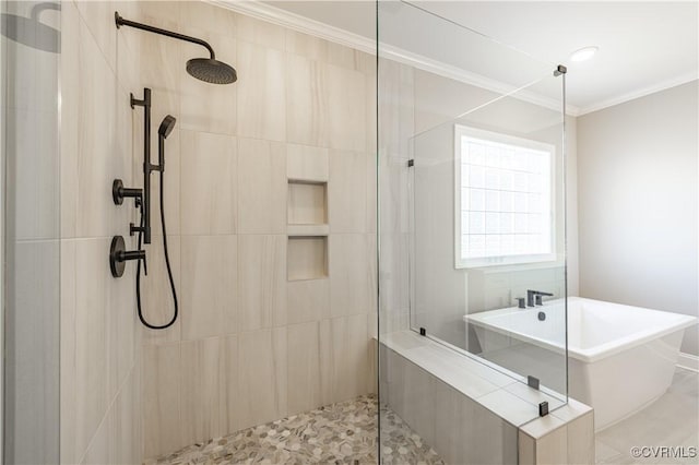 bathroom with ornamental molding and plus walk in shower