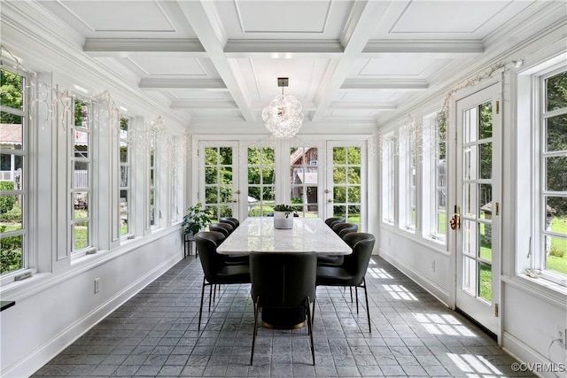 4048 Broad Street Rd, Gum Spring, VA 23065 - sunroom / solarium with french doors, baseboards, a chandelier, beam ceiling, and coffered ceiling
