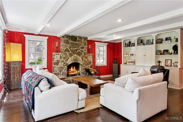 4048 Broad Street Rd, Gum Spring, VA 23065 - living room featuring plenty of natural light, wood finished floors, a stone fireplace, beam ceiling, and baseboards