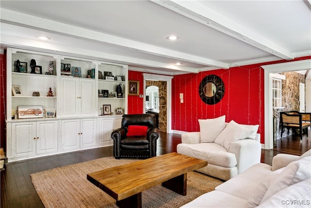4048 Broad Street Rd, Gum Spring, VA 23065 - living area with dark wood-style flooring, beamed ceiling, and recessed lighting