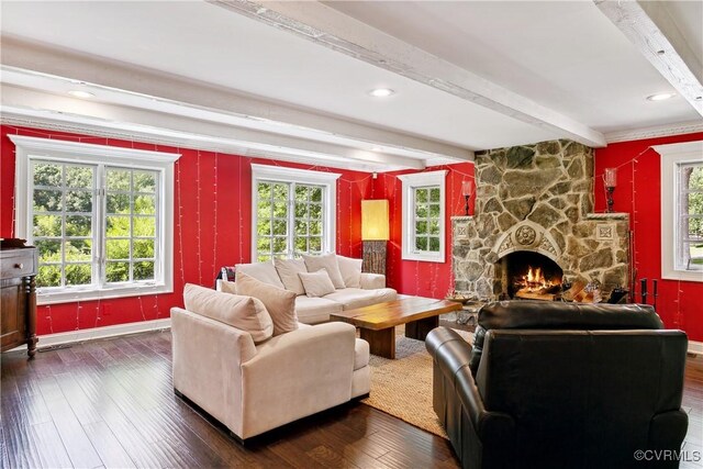 4048 Broad Street Rd, Gum Spring, VA 23065 - living area featuring a fireplace, beam ceiling, wood-type flooring, and baseboards