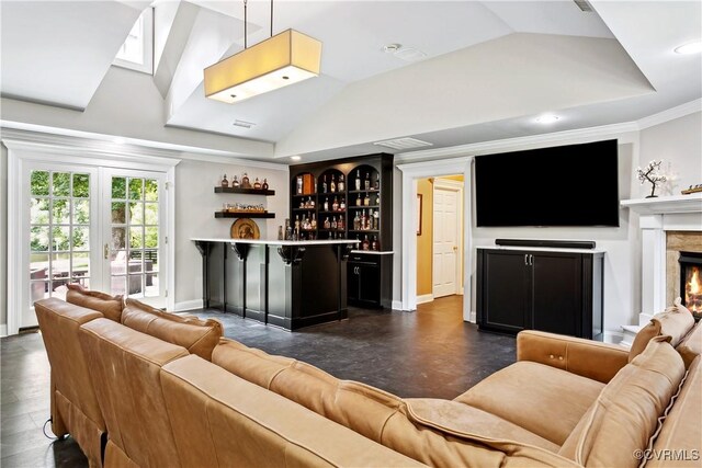 4048 Broad Street Rd, Gum Spring, VA 23065 - living room with a dry bar, vaulted ceiling, a fireplace, baseboards, and recessed lighting