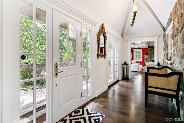 foyer with french doors, beamed ceiling, dark hardwood / wood-style flooring, and high vaulted ceiling