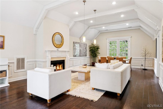 4048 Broad Street Rd, Gum Spring, VA 23065 - living room featuring a decorative wall, dark wood-style floors, wainscoting, a premium fireplace, and recessed lighting