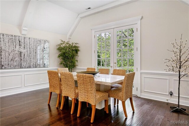 4048 Broad Street Rd, Gum Spring, VA 23065 - dining room featuring a decorative wall, dark wood finished floors, a wainscoted wall, and vaulted ceiling