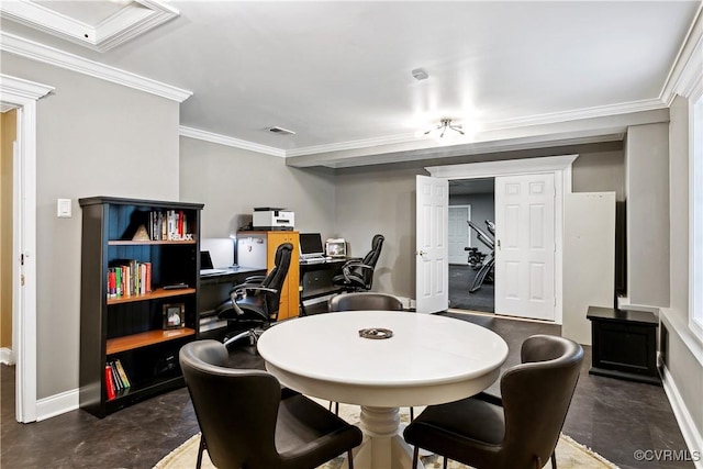 4048 Broad Street Rd, Gum Spring, VA 23065 - dining room featuring finished concrete flooring, crown molding, baseboards, and an office area