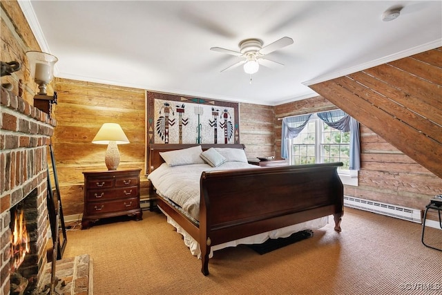 4048 Broad Street Rd, Gum Spring, VA 23065 - carpeted bedroom with a baseboard radiator, a fireplace, wooden walls, ceiling fan, and ornamental molding