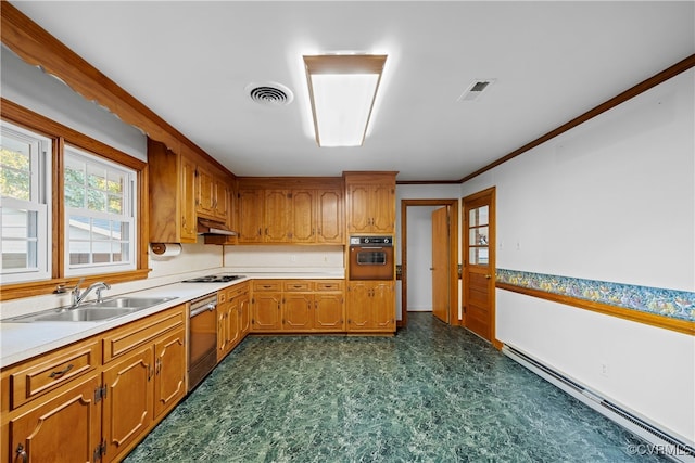 kitchen featuring white stovetop, stainless steel dishwasher, wall oven, sink, and baseboard heating