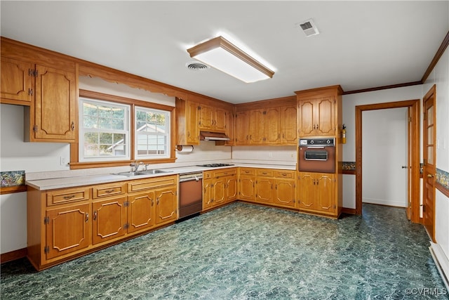 kitchen featuring sink, black oven, crown molding, cooktop, and dishwasher