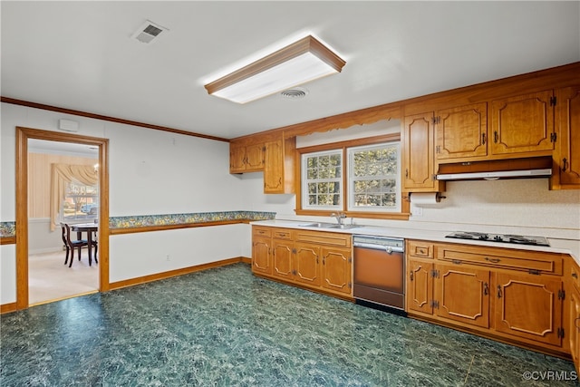 kitchen featuring ornamental molding, gas cooktop, stainless steel dishwasher, and a healthy amount of sunlight